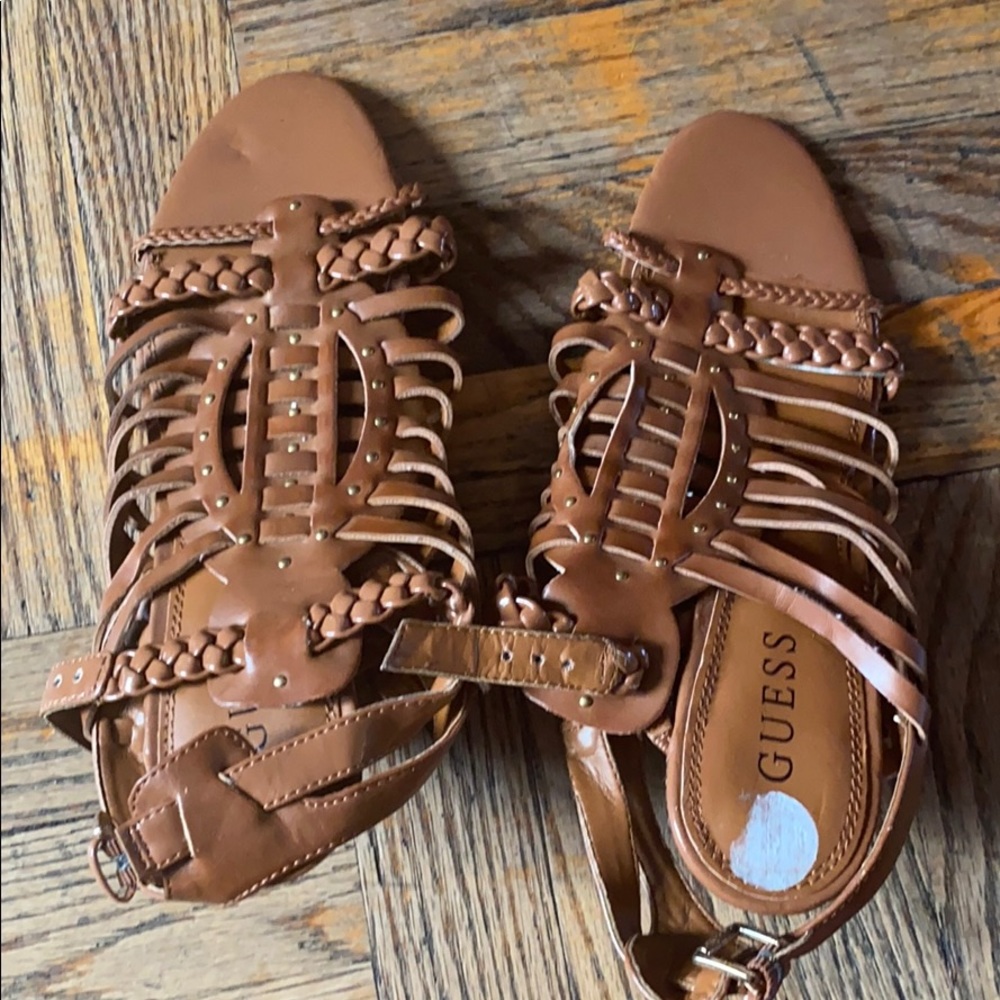 BROWN GUESS WEDGE SANDALS. SIZE 8 1/2